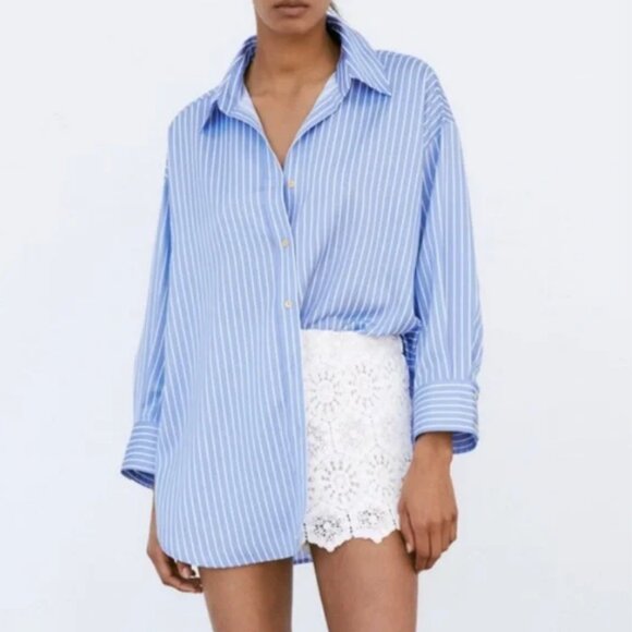 ZARA OVERSIZED BUTTON DOWN BLUE STRIPED - Picture 1 of 6